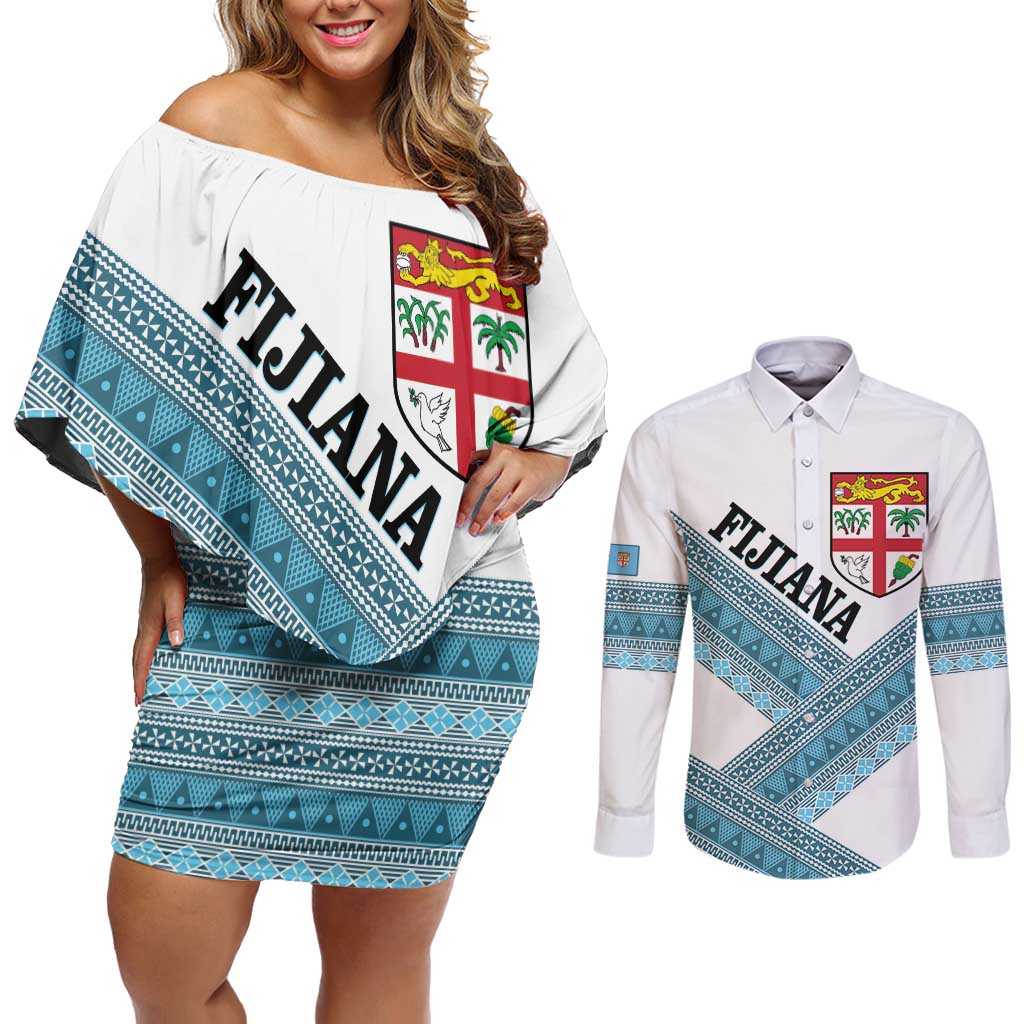 Custom Fiji Tapa Rugby 2025 Couples Matching Off Shoulder Short Dress and Long Sleeve Button Shirt Go Champions Fijiana