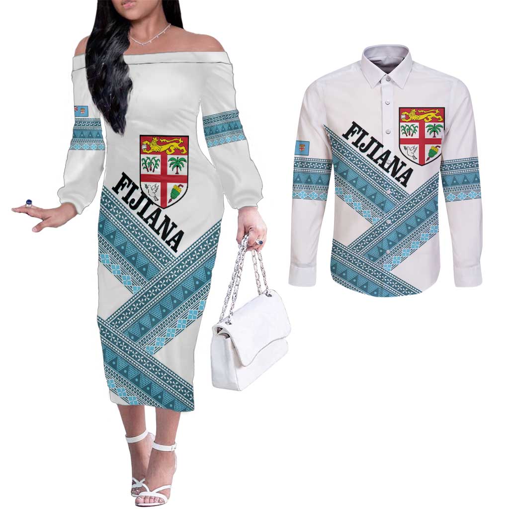 Custom Fiji Tapa Rugby 2025 Couples Matching Off The Shoulder Long Sleeve Dress and Long Sleeve Button Shirt Go Champions Fijiana