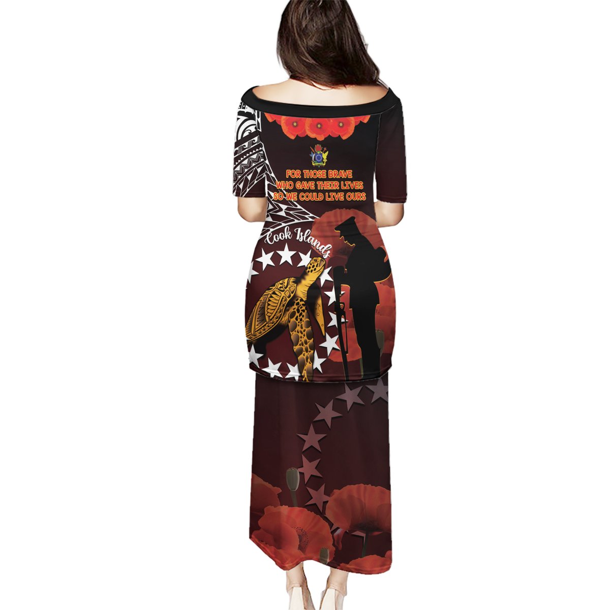 Cook Islands ANZAC Day Puletasi Poppies With Sea Turtle LT14 - Polynesian Pride