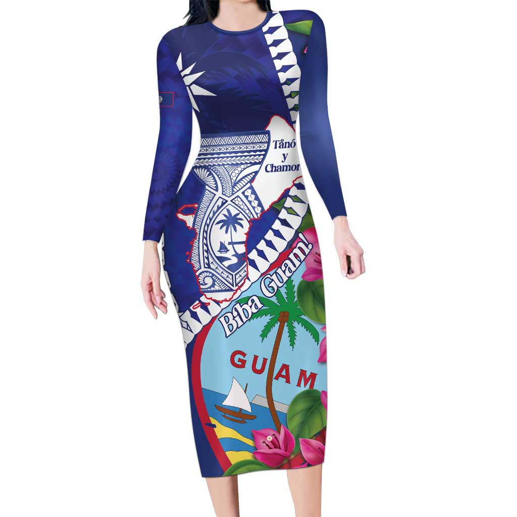 Biba Guam Liberation Day Long Sleeve Bodycon Dress Tano y Chamoru Latte Stone Blue LT14 Long Dress Blue - Polynesian Pride