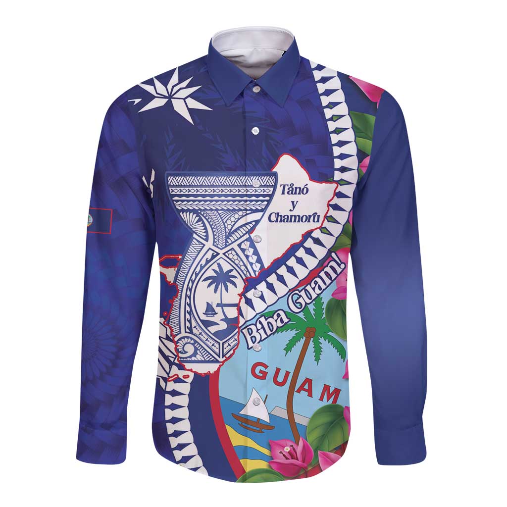 Biba Guam Liberation Day Long Sleeve Button Shirt Tano y Chamoru Latte Stone Blue LT14 Unisex Blue - Polynesian Pride
