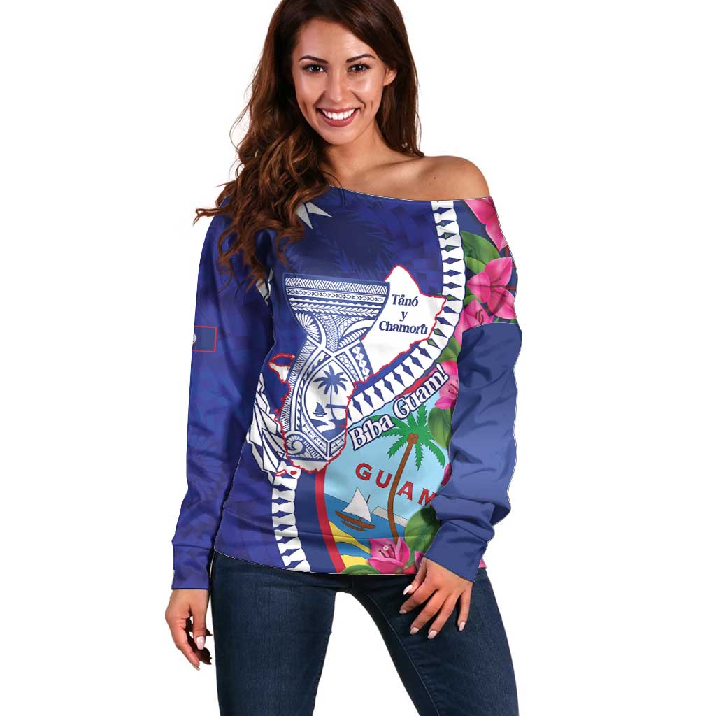 Biba Guam Liberation Day Off Shoulder Sweater Tano y Chamoru Latte Stone Blue LT14 Women Blue - Polynesian Pride