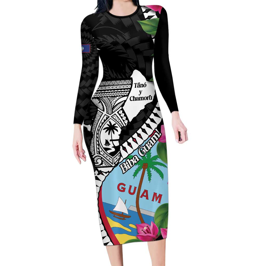 Biba Guam Liberation Day Long Sleeve Bodycon Dress Tano y Chamoru Latte Stone Black LT14 Long Dress Black - Polynesian Pride