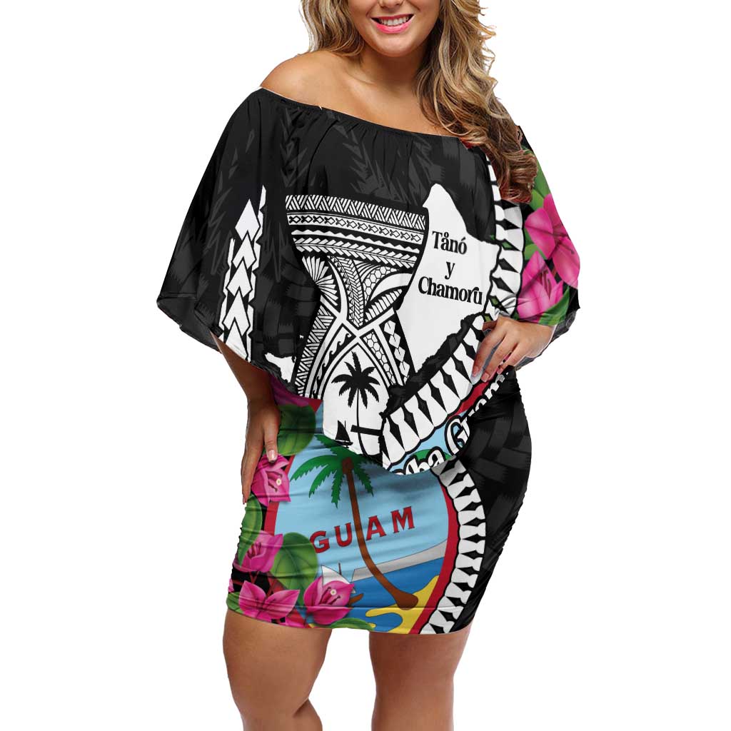 Biba Guam Liberation Day Off Shoulder Short Dress Tano y Chamoru Latte Stone Black LT14 Women Black - Polynesian Pride