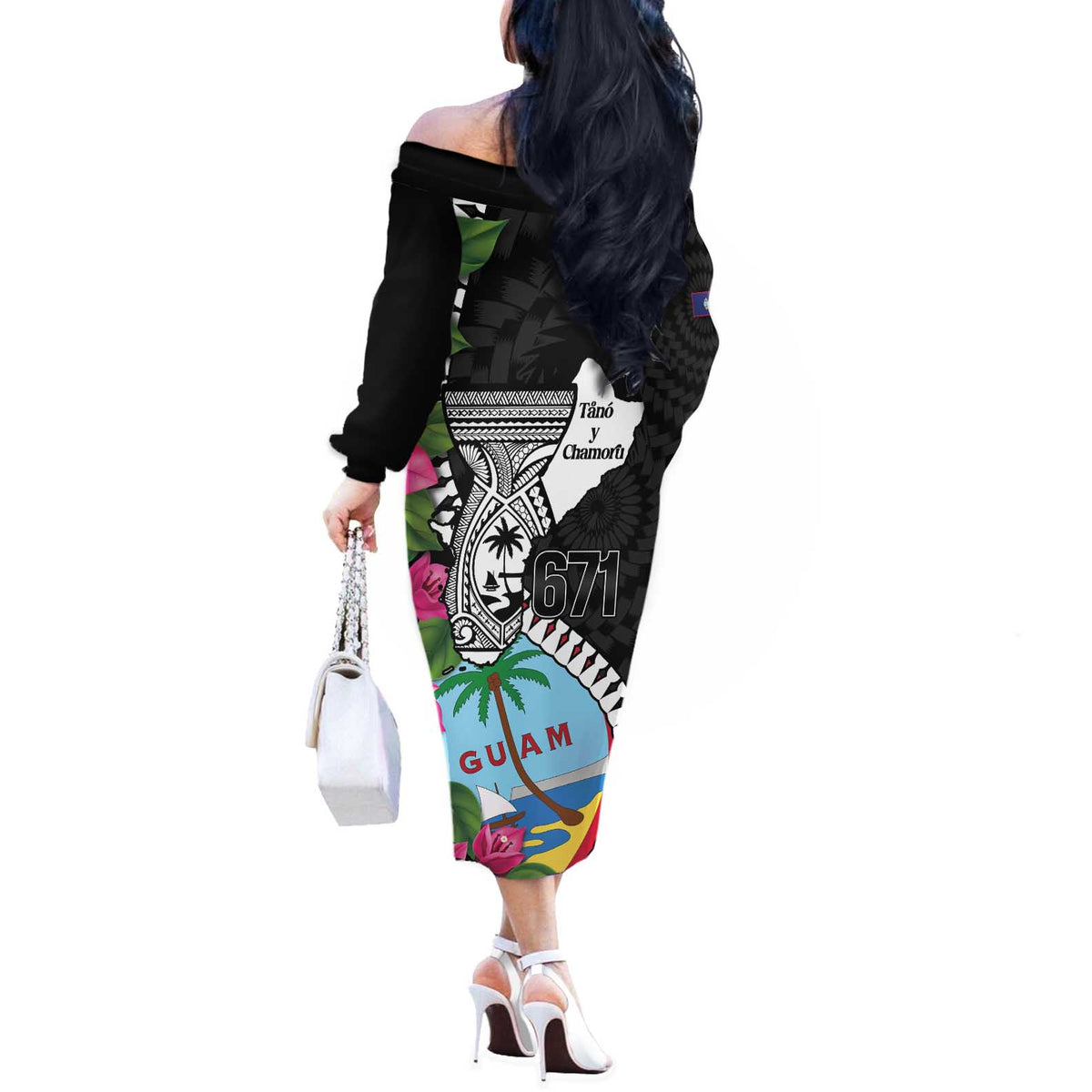 Biba Guam Liberation Day Off The Shoulder Long Sleeve Dress Tano y Chamoru Latte Stone Black LT14 - Polynesian Pride