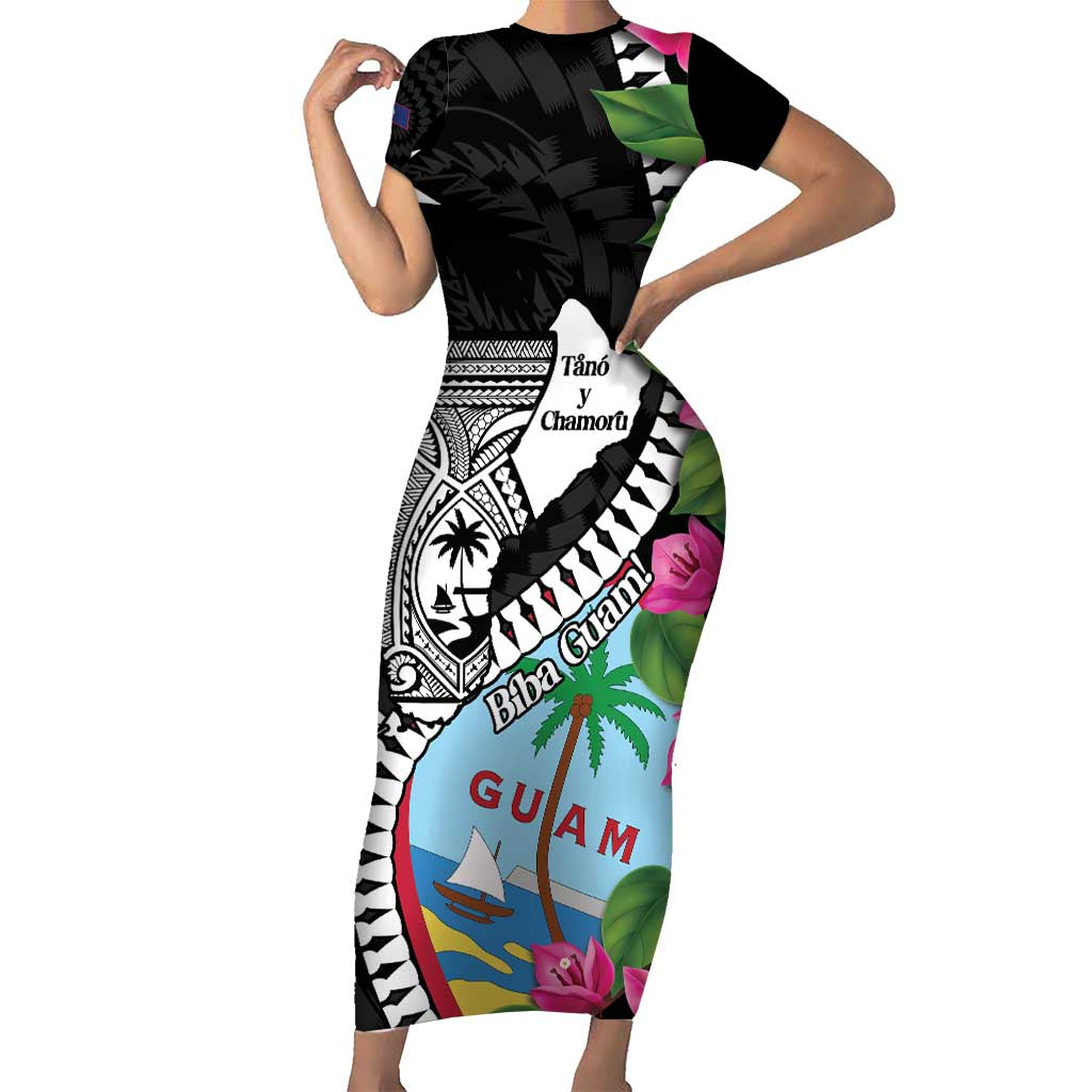 Biba Guam Liberation Day Short Sleeve Bodycon Dress Tano y Chamoru Latte Stone Black LT14 Long Dress Black - Polynesian Pride