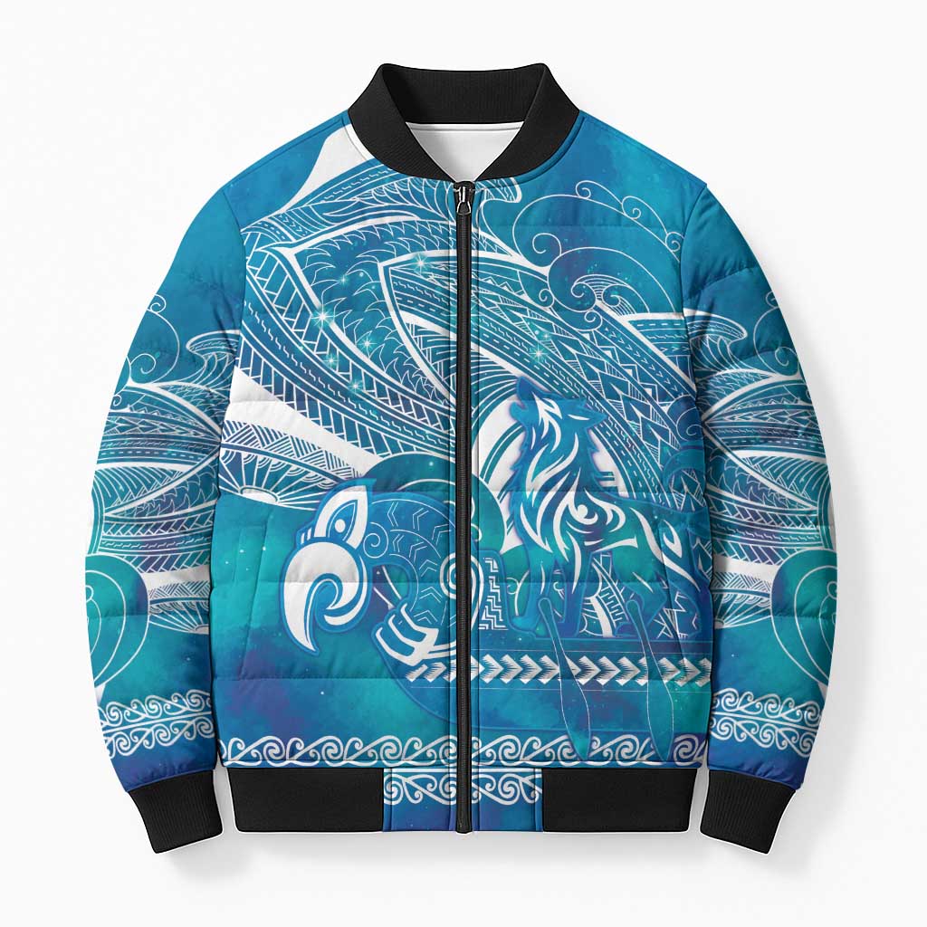 Kuri Dog Waka New Zealand Matariki Bomber Puffer Jacket Ocean Sharks Maori Tattoo LT14 Unisex Blue - Polynesian Pride