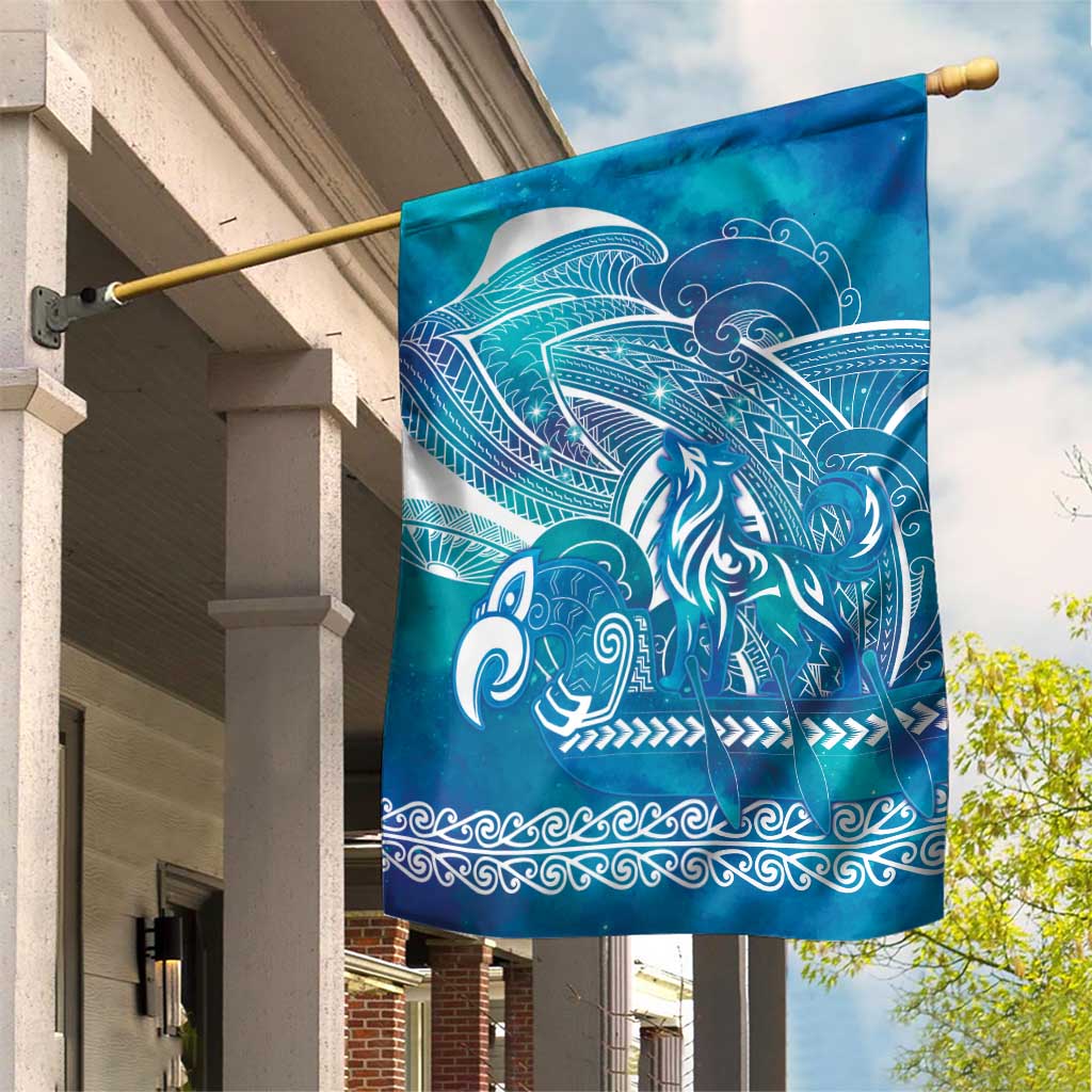 Kuri Dog Waka New Zealand Matariki Garden Flag Ocean Sharks Maori Tattoo LT14 House Flag Blue - Polynesian Pride