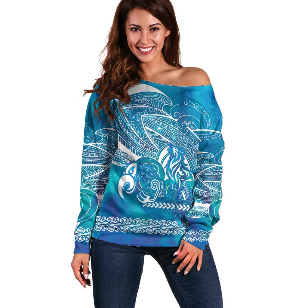Kuri Dog Waka New Zealand Matariki Off Shoulder Sweater Ocean Sharks Maori Tattoo LT14 Women Blue - Polynesian Pride