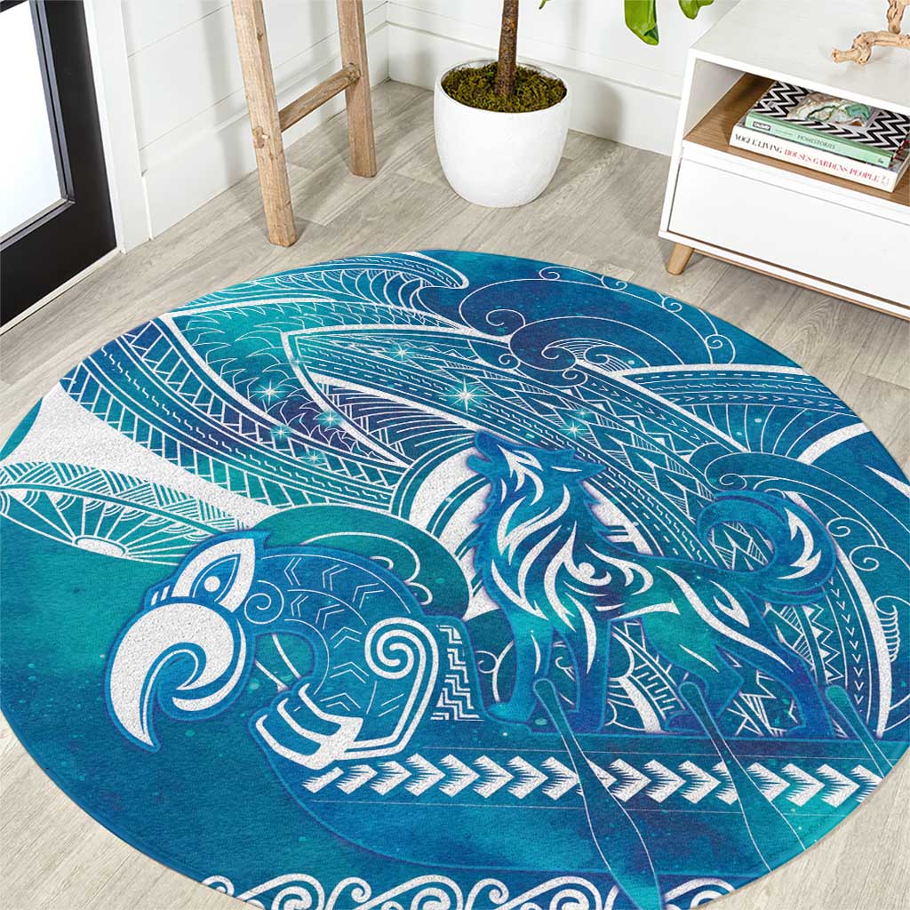 Kuri Dog Waka New Zealand Matariki Round Carpet Ocean Sharks Maori Tattoo LT14 Blue - Polynesian Pride