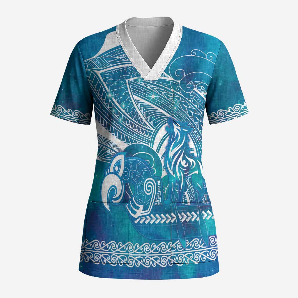 Kuri Dog Waka New Zealand Matariki Scrub Top Ocean Sharks Maori Tattoo LT14 Adult Blue - Polynesian Pride