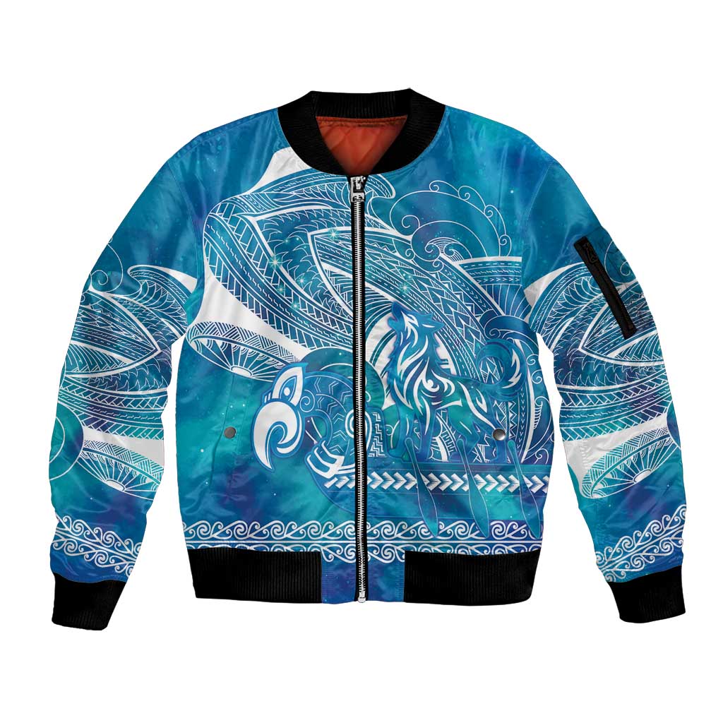 Kuri Dog Waka New Zealand Matariki Sleeve Zip Bomber Jacket Ocean Sharks Maori Tattoo LT14 Unisex Blue - Polynesian Pride