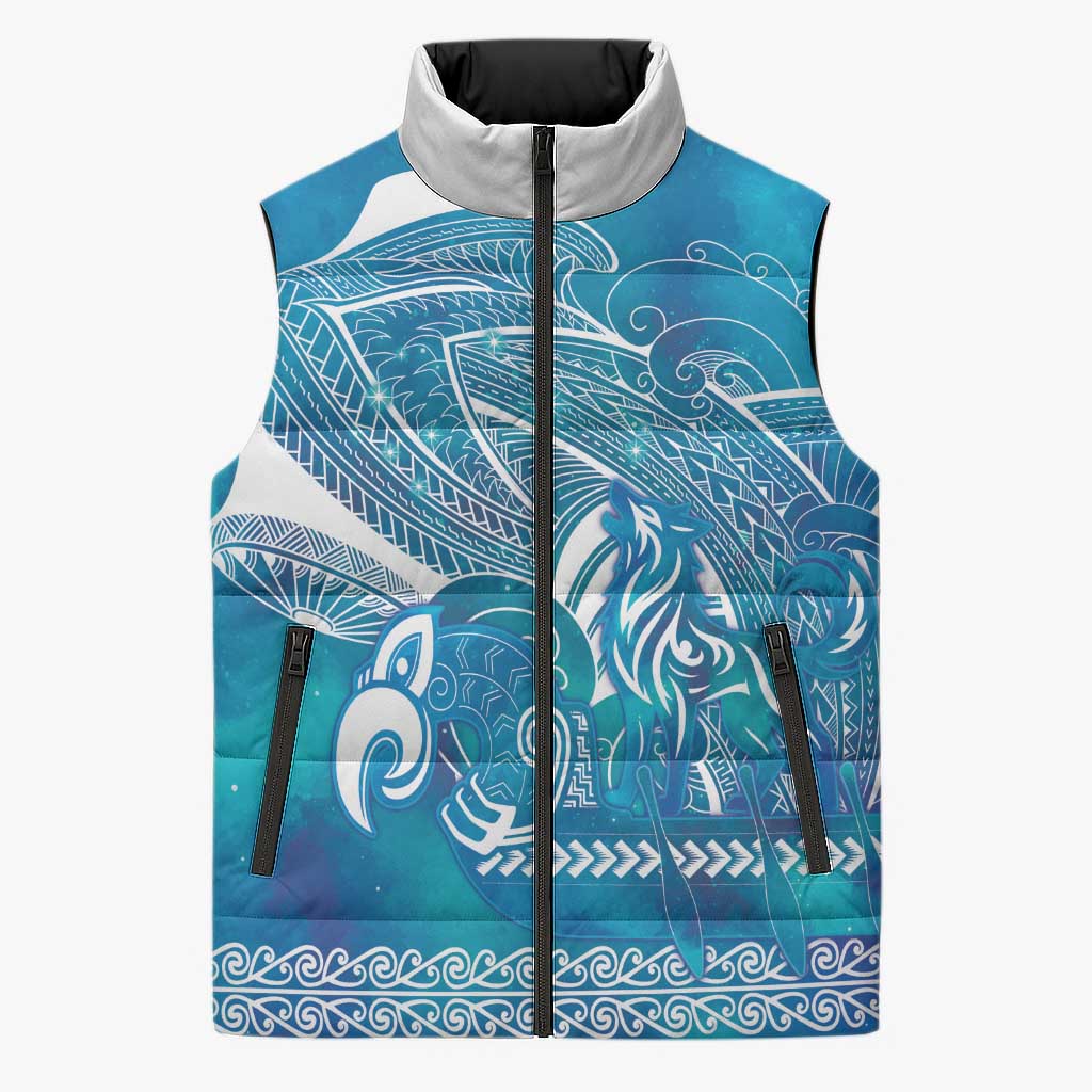 Kuri Dog Waka New Zealand Matariki Sleeveless Puffer Jacket Ocean Sharks Maori Tattoo LT14 Unisex Blue - Polynesian Pride