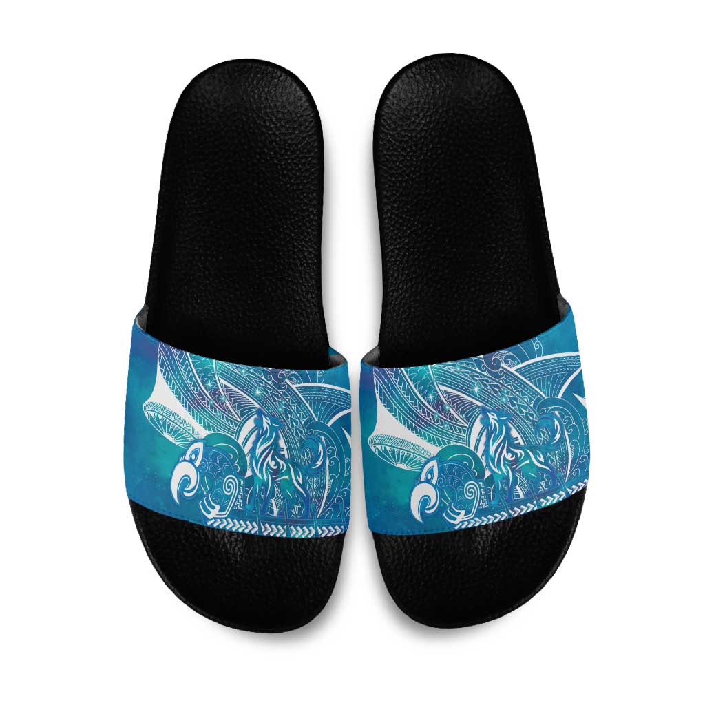Kuri Dog Waka New Zealand Matariki Slide Sandals Ocean Sharks Maori Tattoo LT14 Blue - Polynesian Pride