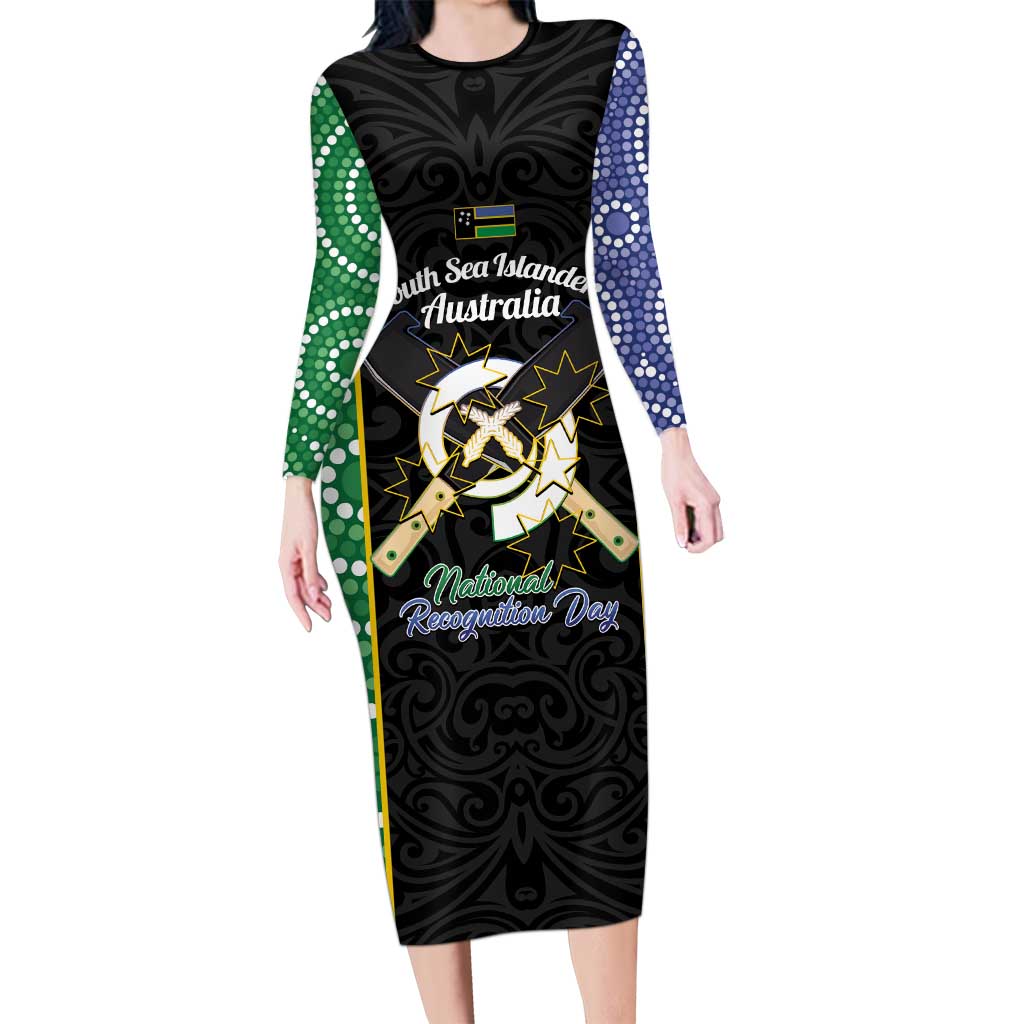Personalised South Sea Islanders National Recognition Day Long Sleeve Bodycon Dress Australia Aboriginal Vanuatu Pig Tusk LT14 Long Dress Black - Polynesian Pride