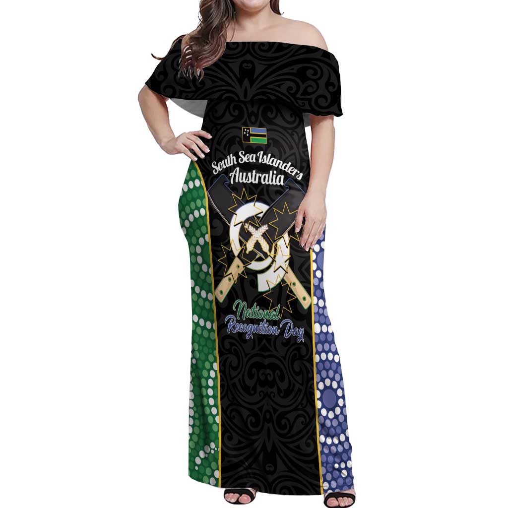 Personalised South Sea Islanders National Recognition Day Off Shoulder Maxi Dress Australia Aboriginal Vanuatu Pig Tusk LT14 Women Black - Polynesian Pride