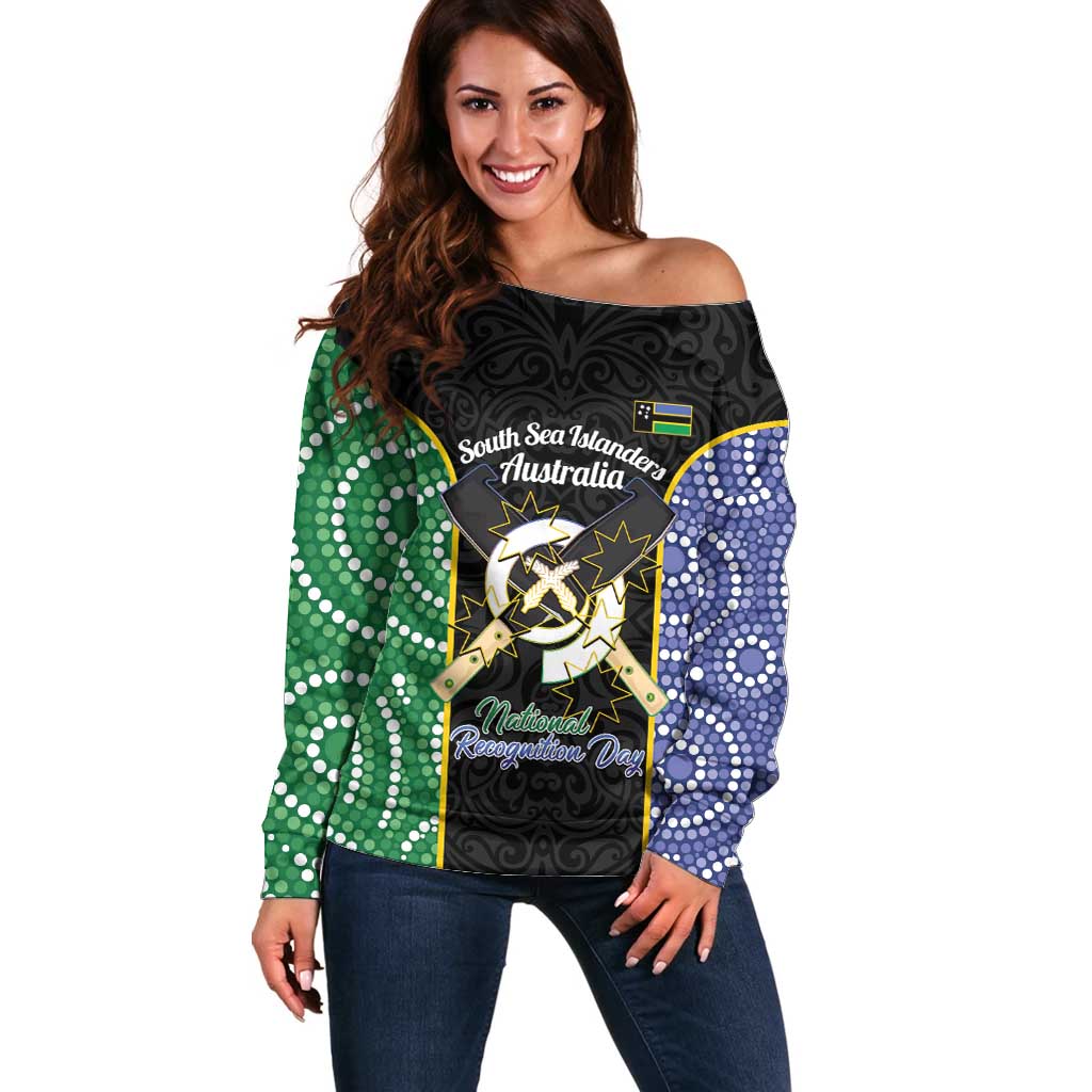 Personalised South Sea Islanders National Recognition Day Off Shoulder Sweater Australia Aboriginal Vanuatu Pig Tusk LT14 Women Black - Polynesian Pride