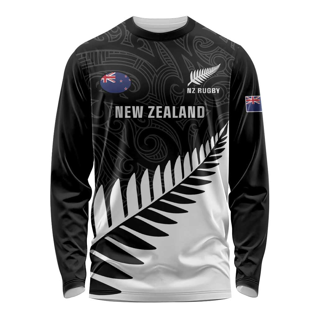 New Zealand Silver Fern Rugby Long Sleeve Shirt All Black Go Champions Maori Pattern LT14 Unisex Black - Polynesian Pride