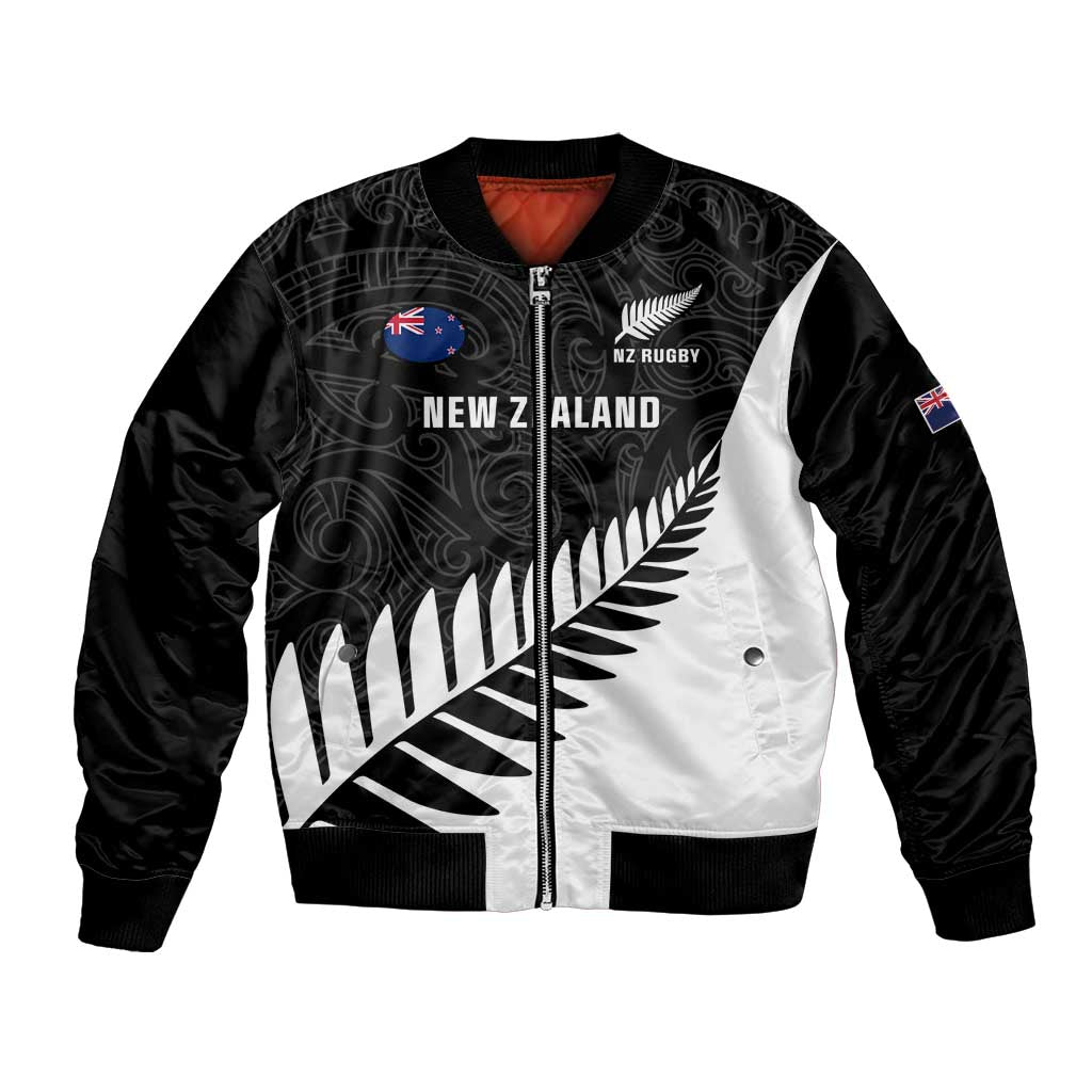 Personalised New Zealand Silver Fern Rugby Bomber Jacket All Black Go Champions Maori Pattern LT14 Unisex Black - Polynesian Pride