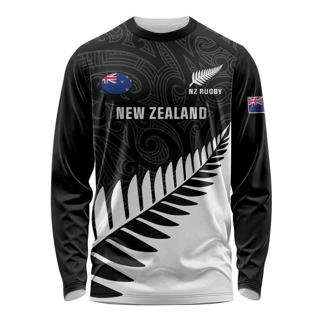 Personalised New Zealand Silver Fern Rugby Long Sleeve Shirt All Black Go Champions Maori Pattern LT14 Unisex Black - Polynesian Pride