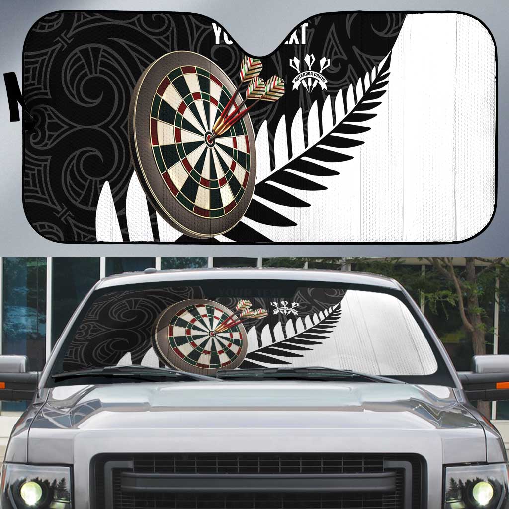 Personalised New Zealand Darts Auto Sun Shade Silver Fern Aotearoa Maori Pattern LT14 Black - Polynesian Pride