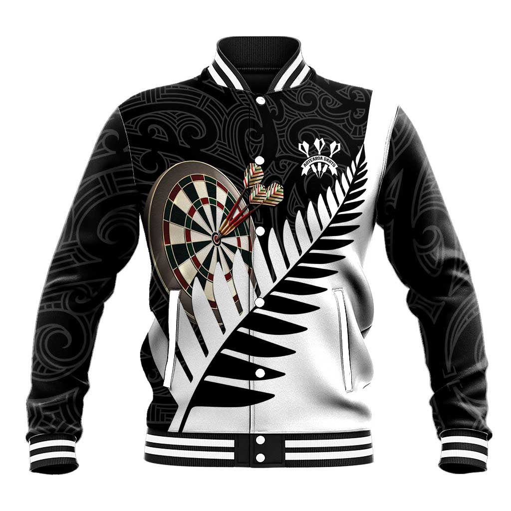 Personalised New Zealand Darts Baseball Jacket Silver Fern Aotearoa Maori Pattern LT14 Unisex Black - Polynesian Pride