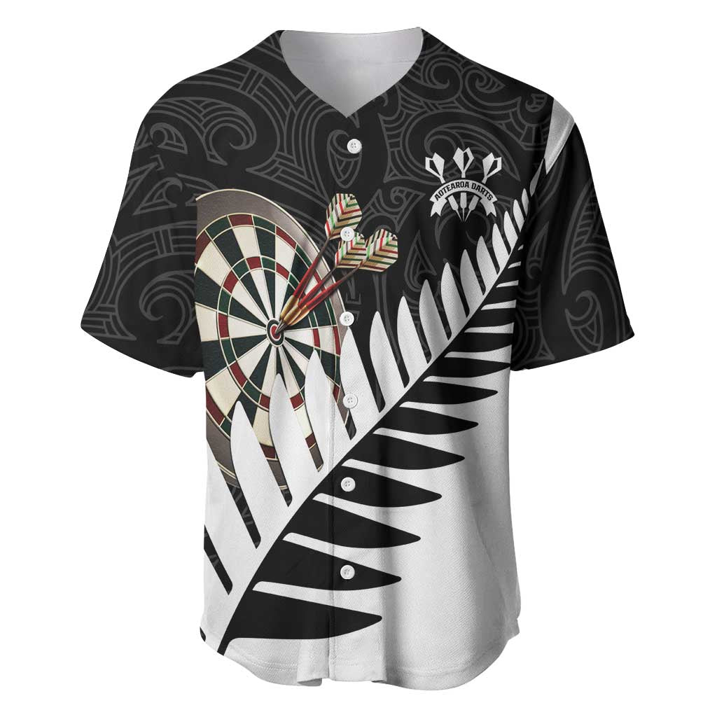Personalised New Zealand Darts Baseball Jersey Silver Fern Aotearoa Maori Pattern LT14 Black - Polynesian Pride