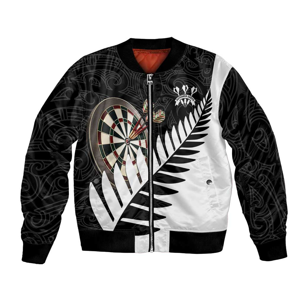 Personalised New Zealand Darts Bomber Jacket Silver Fern Aotearoa Maori Pattern LT14 Unisex Black - Polynesian Pride
