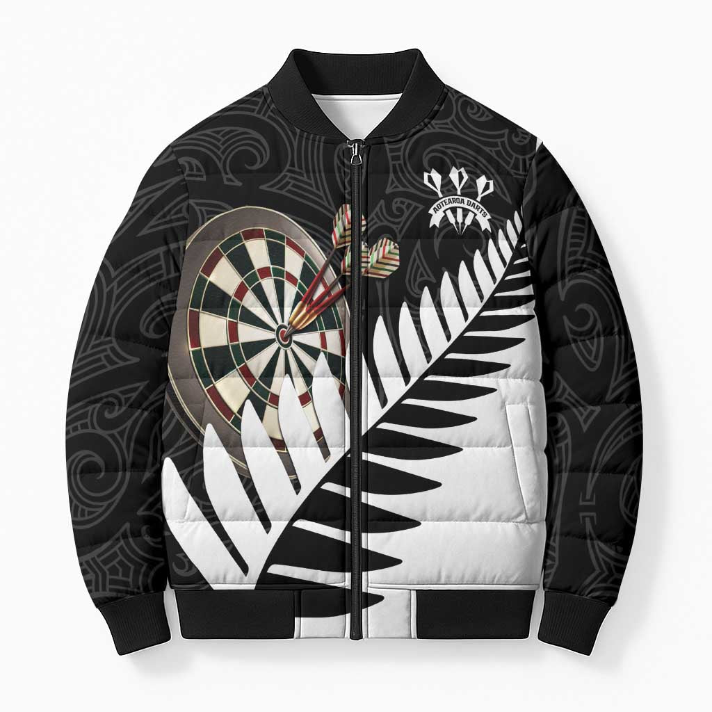 Personalised New Zealand Darts Bomber Puffer Jacket Silver Fern Aotearoa Maori Pattern LT14 Unisex Black - Polynesian Pride