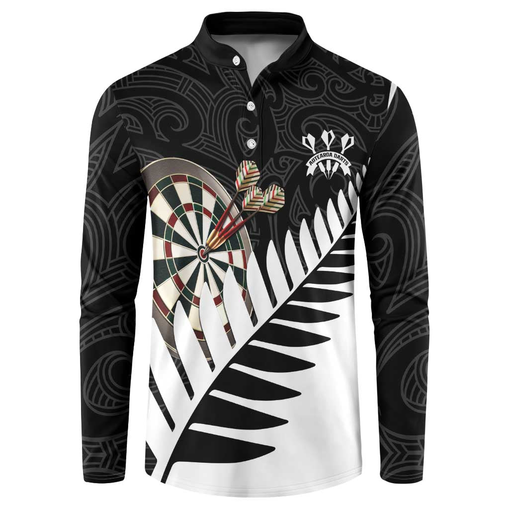Personalised New Zealand Darts Button Sweatshirt Silver Fern Aotearoa Maori Pattern LT14 Black - Polynesian Pride