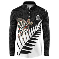 Personalised New Zealand Darts Button Sweatshirt Silver Fern Aotearoa Maori Pattern LT14 Black - Polynesian Pride