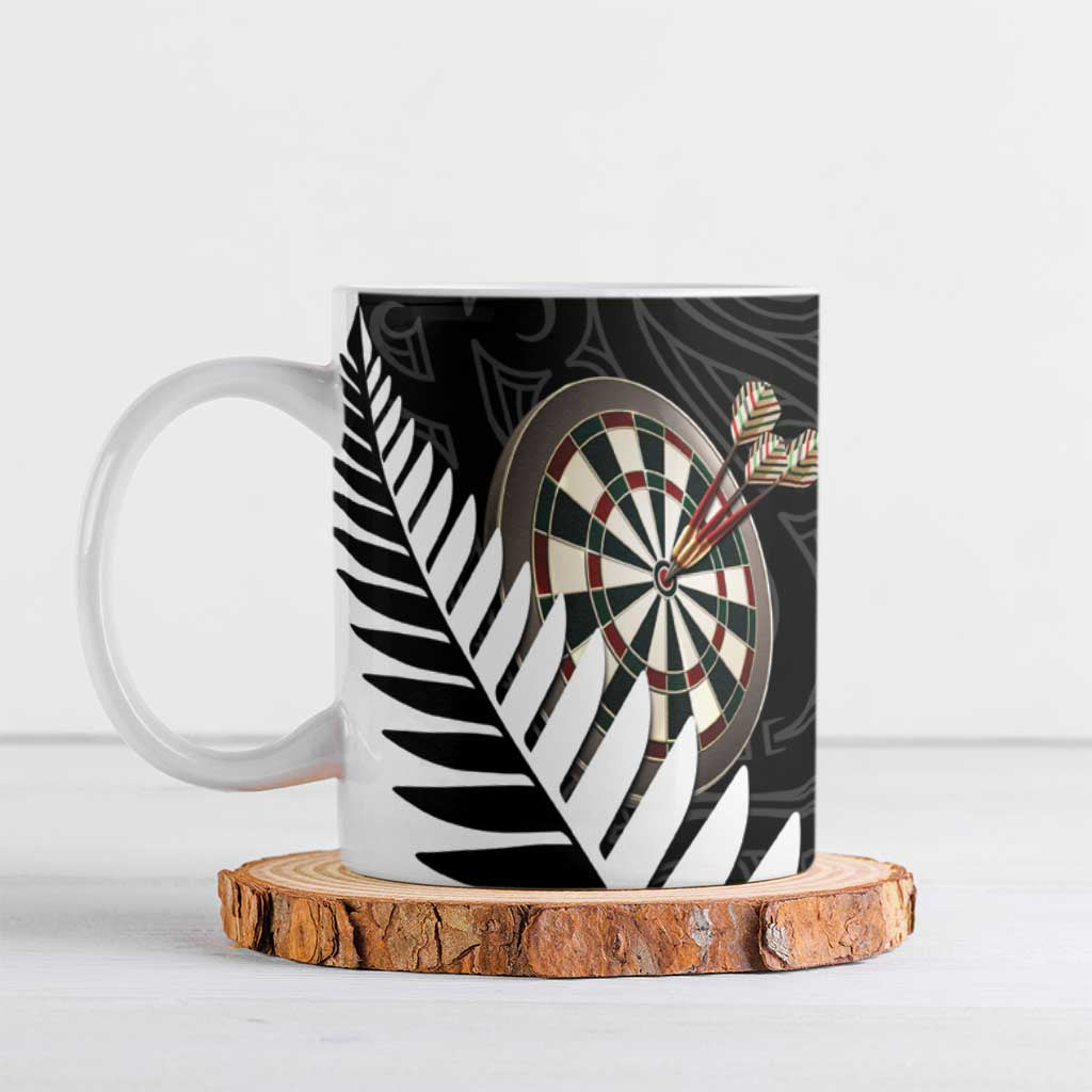 Personalised New Zealand Darts Ceramic Mug Silver Fern Aotearoa Maori Pattern LT14 Black - Polynesian Pride