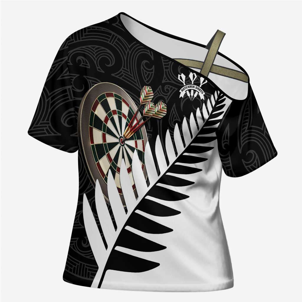 Personalised New Zealand Darts Cross Shoulder Shirt Silver Fern Aotearoa Maori Pattern LT14 Female Black - Polynesian Pride