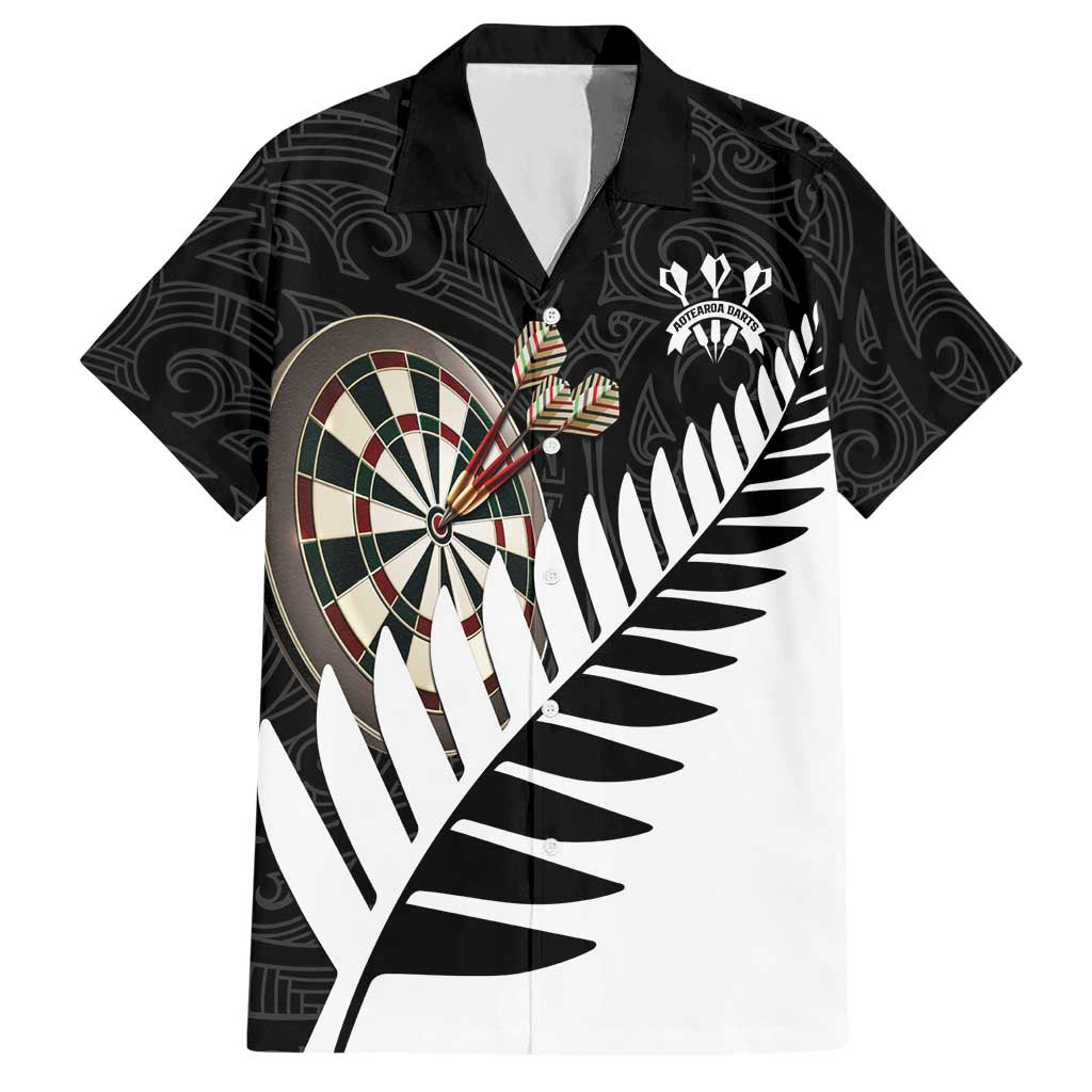 Personalised New Zealand Darts Hawaiian Shirt Silver Fern Aotearoa Maori Pattern LT14 Black - Polynesian Pride