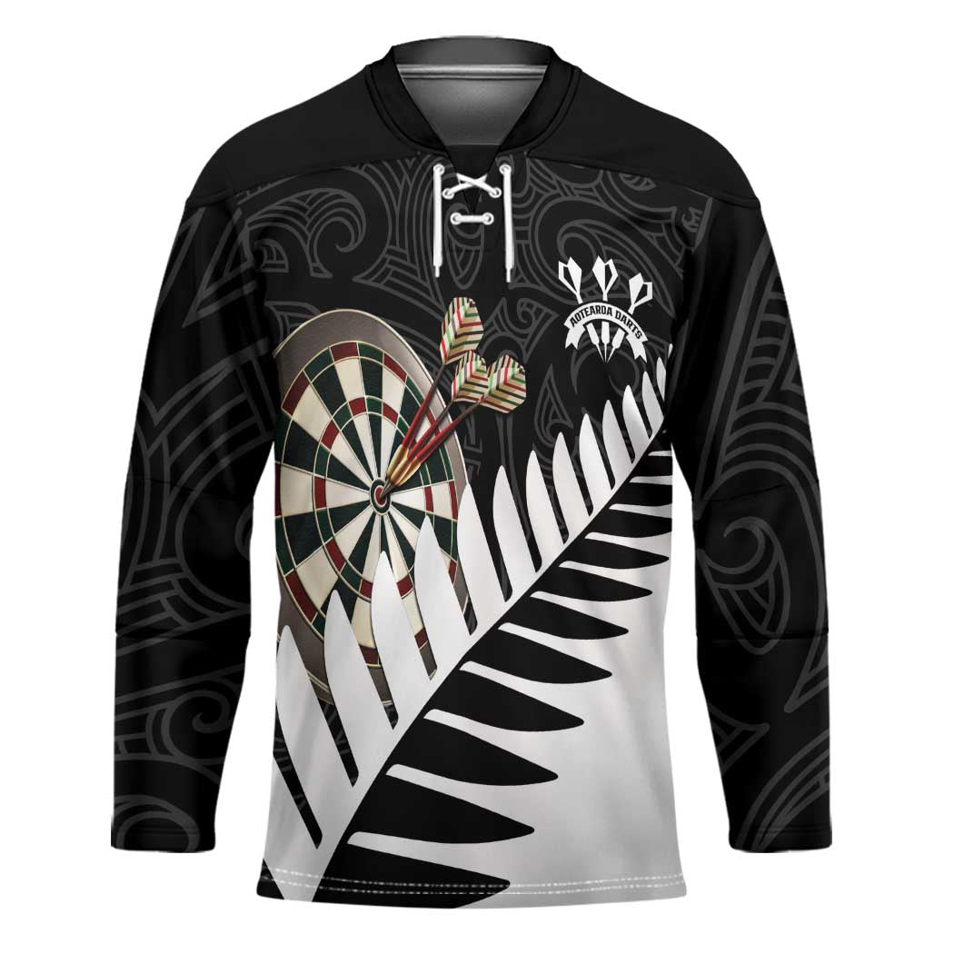 Personalised New Zealand Darts Hockey Jersey Silver Fern Aotearoa Maori Pattern LT14 Unisex Black - Polynesian Pride