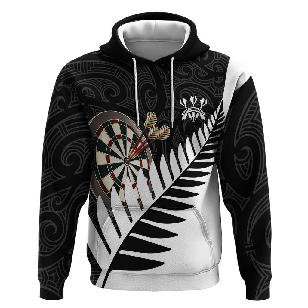 Personalised New Zealand Darts Hoodie Silver Fern Aotearoa Maori Pattern LT14 Pullover Hoodie Black - Polynesian Pride