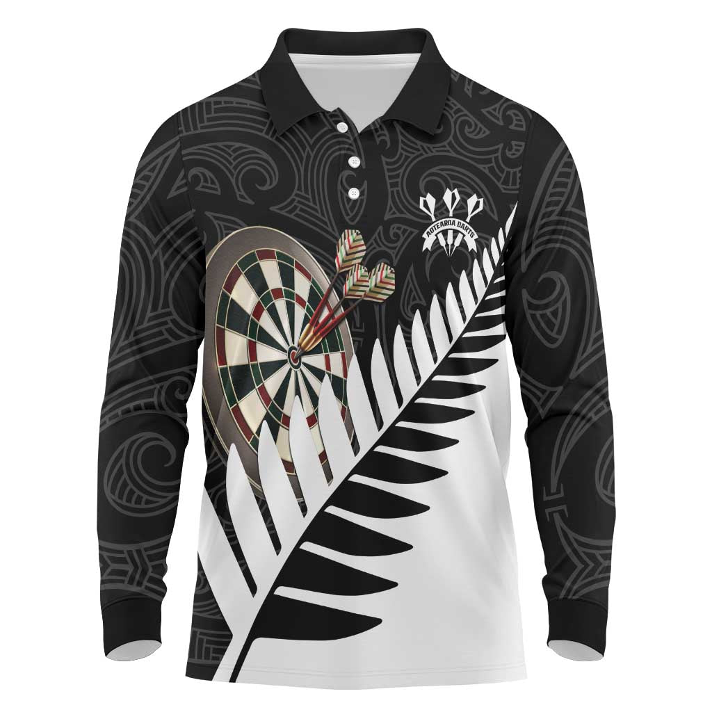 Personalised New Zealand Darts Long Sleeve Polo Shirt Silver Fern Aotearoa Maori Pattern LT14 Black - Polynesian Pride