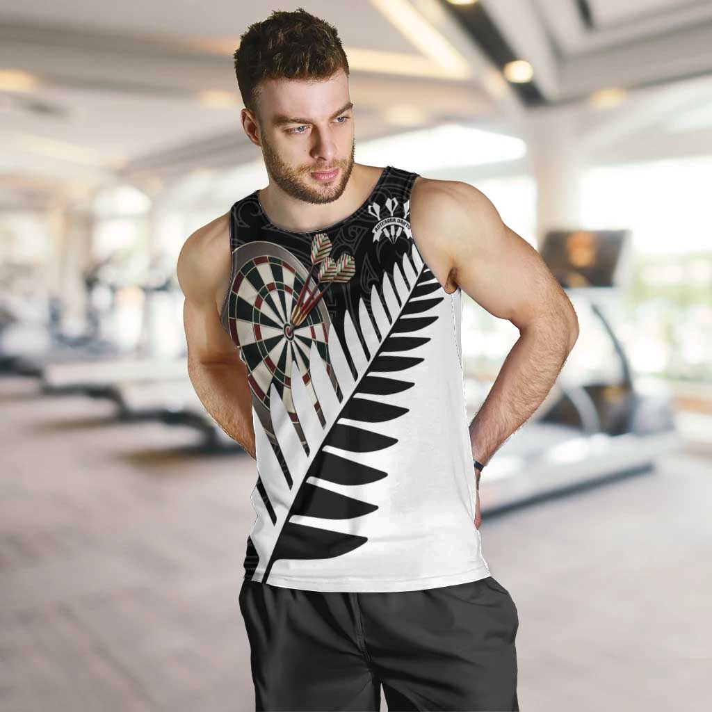 Personalised New Zealand Darts Men Tank Top Silver Fern Aotearoa Maori Pattern LT14 Black - Polynesian Pride