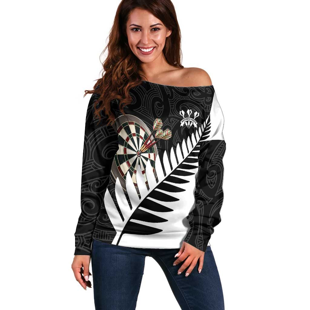 Personalised New Zealand Darts Off Shoulder Sweater Silver Fern Aotearoa Maori Pattern LT14 Women Black - Polynesian Pride