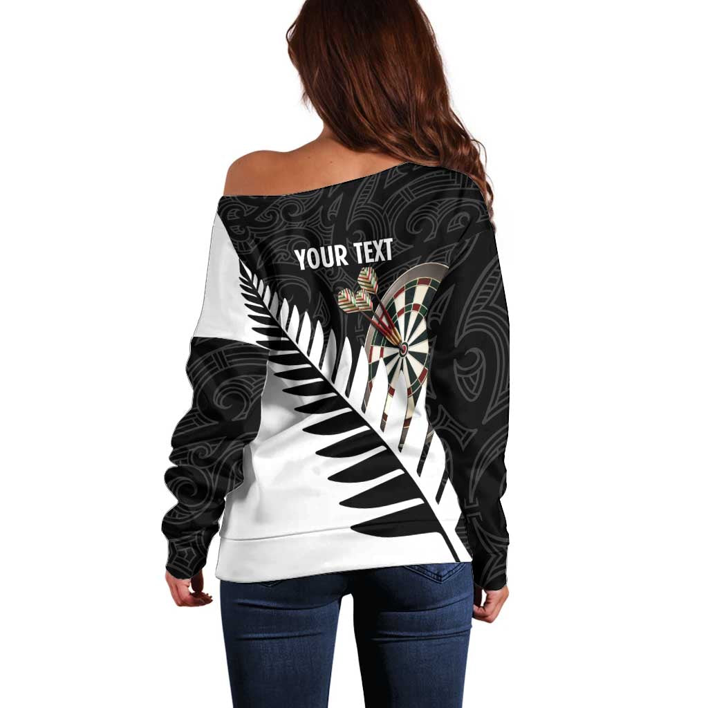 Personalised New Zealand Darts Off Shoulder Sweater Silver Fern Aotearoa Maori Pattern LT14 - Polynesian Pride
