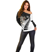 Personalised New Zealand Darts Off Shoulder Sweater Silver Fern Aotearoa Maori Pattern LT14 - Polynesian Pride