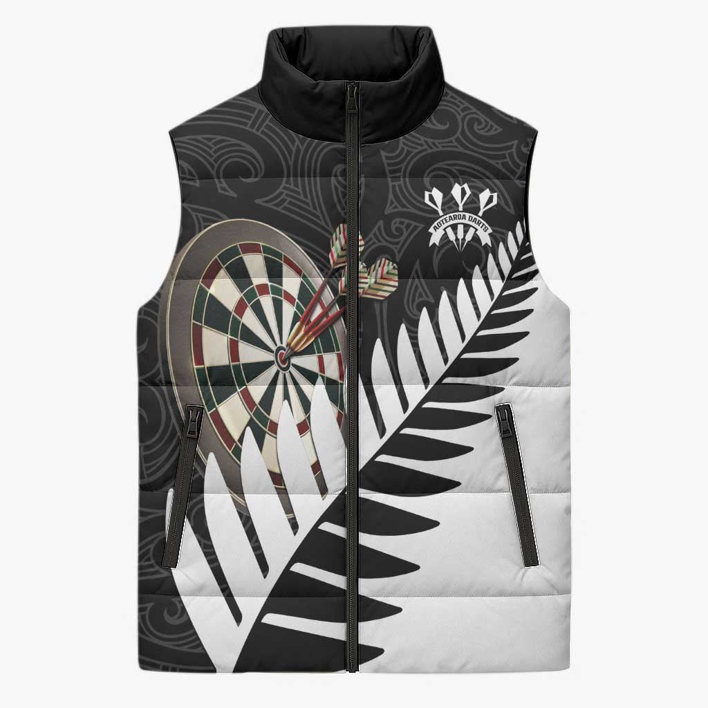 Personalised New Zealand Darts Sleeveless Puffer Jacket Silver Fern Aotearoa Maori Pattern LT14 Unisex Black - Polynesian Pride