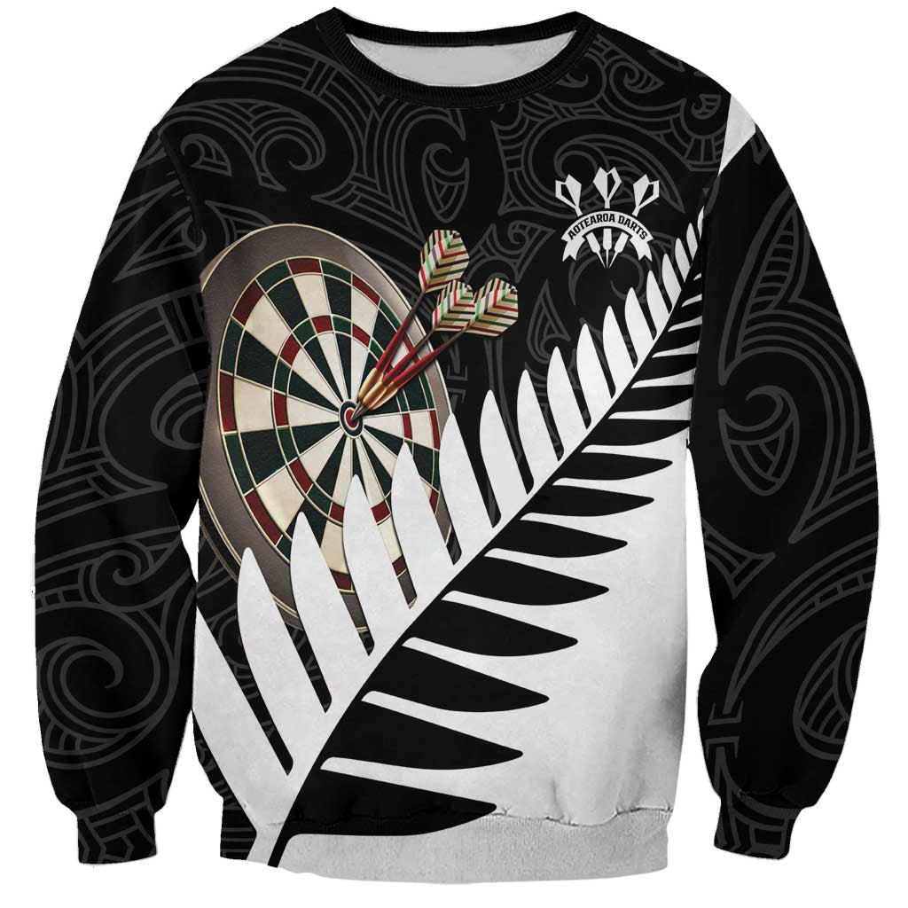 Personalised New Zealand Darts Sweatshirt Silver Fern Aotearoa Maori Pattern LT14 Unisex Black - Polynesian Pride