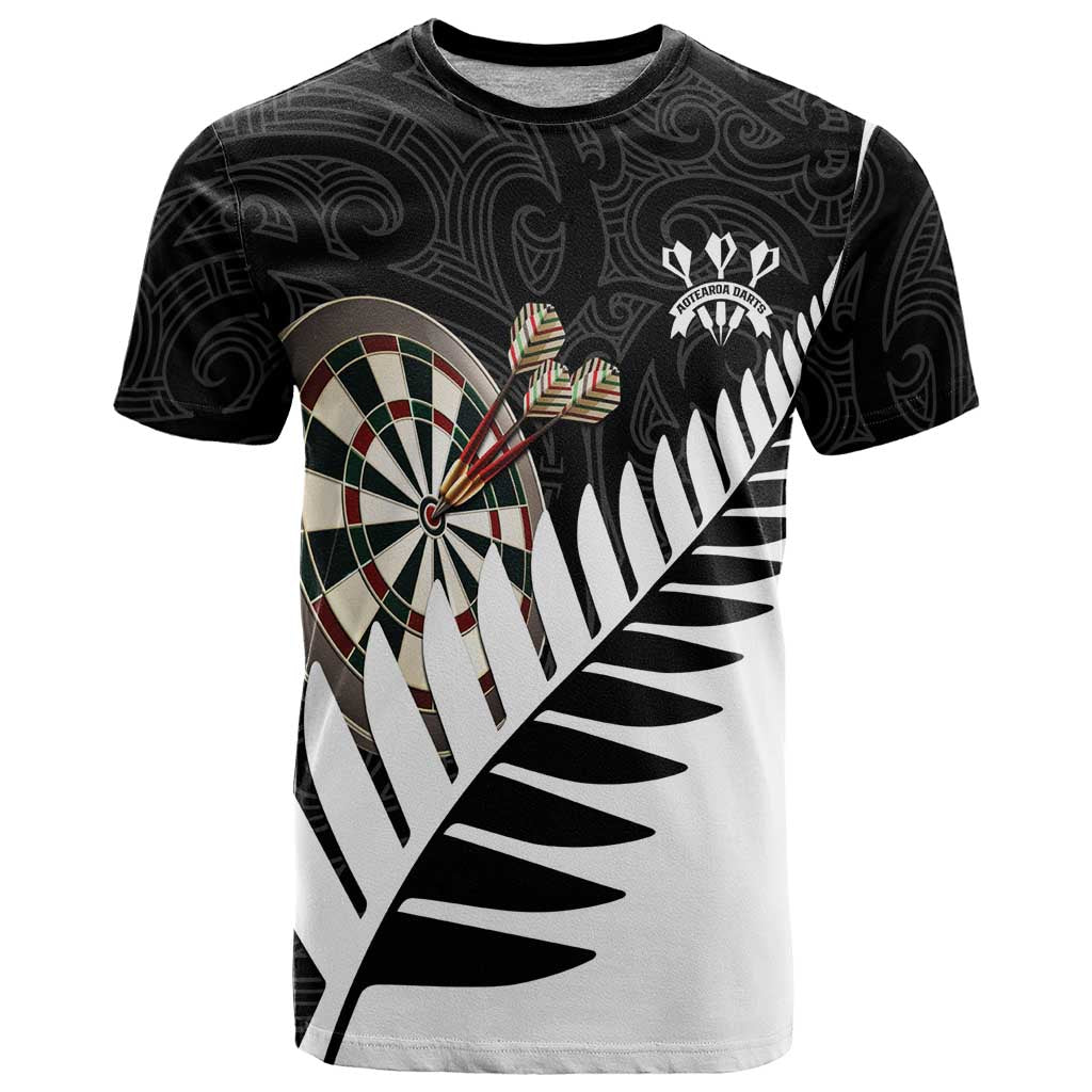 Personalised New Zealand Darts T Shirt Silver Fern Aotearoa Maori Pattern LT14 Black - Polynesian Pride