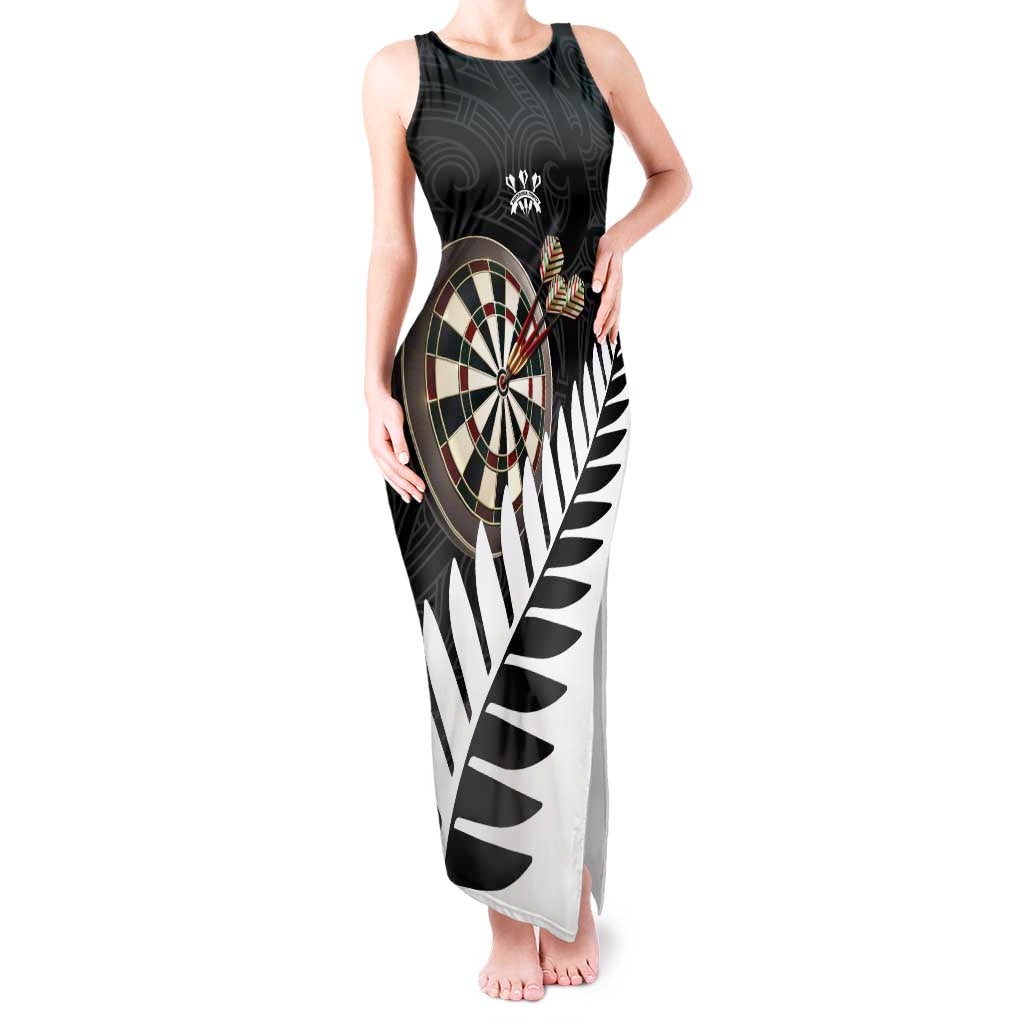 Personalised New Zealand Darts Tank Maxi Dress Silver Fern Aotearoa Maori Pattern LT14 Women Black - Polynesian Pride