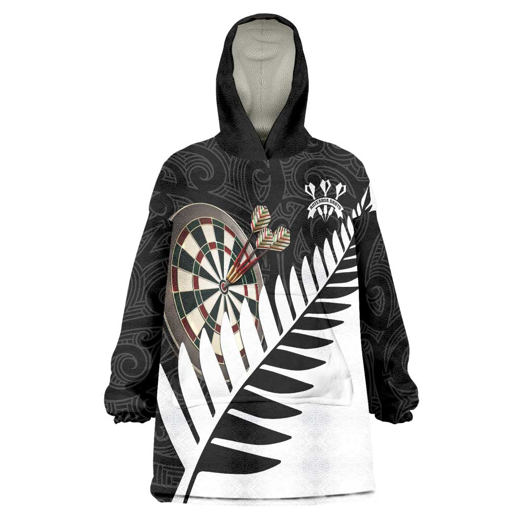 Personalised New Zealand Darts Wearable Blanket Hoodie Silver Fern Aotearoa Maori Pattern LT14 One Size Black - Polynesian Pride