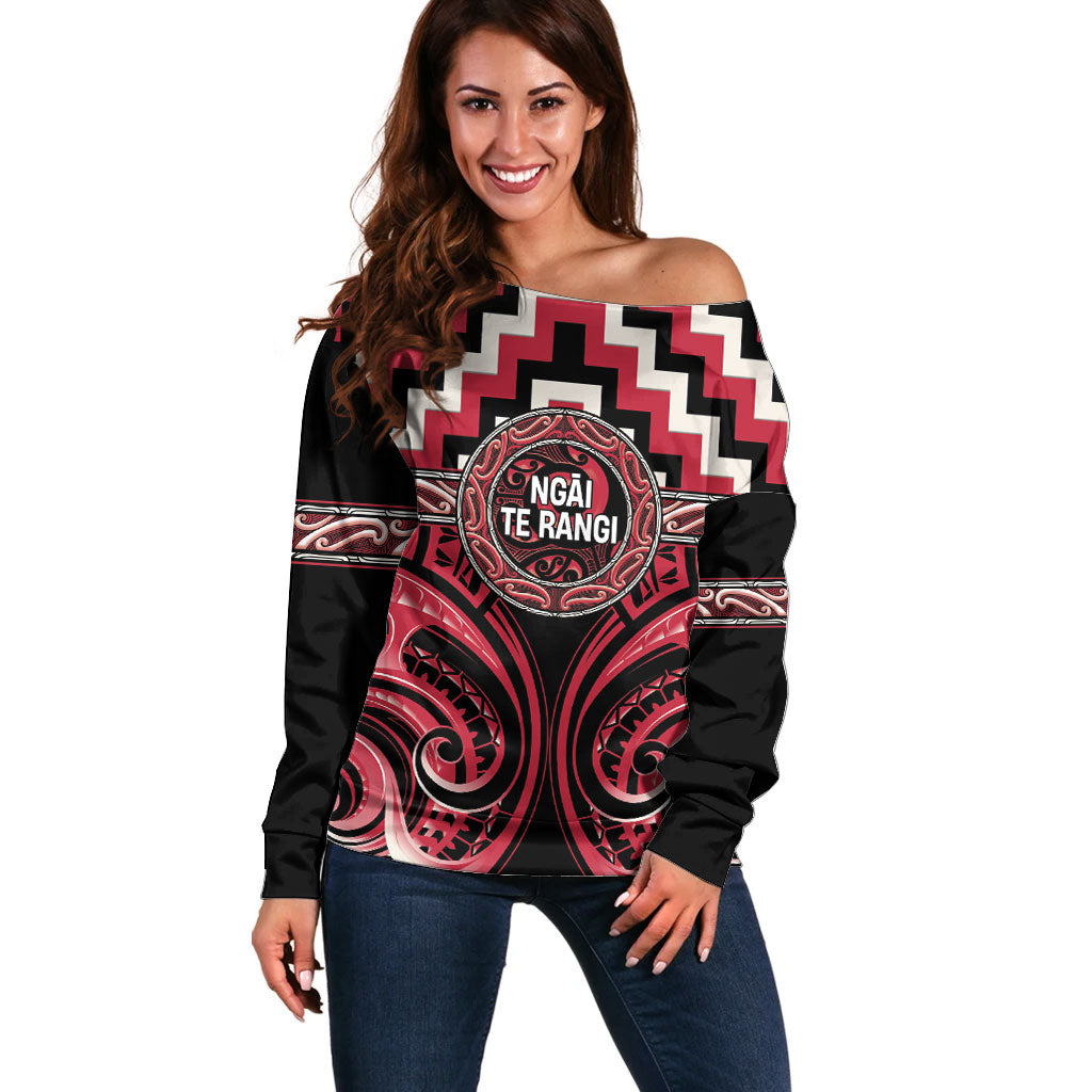 Aotearoa Ngai Te Rangi Personalised Off Shoulder Sweater Maori Iwi Poutama Puhoro Tattoo LT14 Women Red - Polynesian Pride