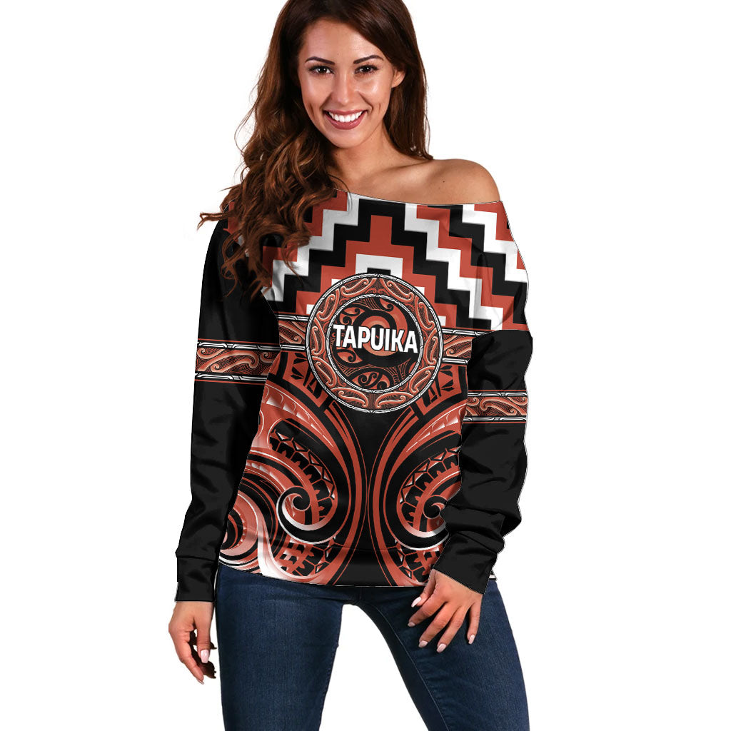 Aotearoa Tapuika Personalised Off Shoulder Sweater Maori Iwi Poutama Puhoro Tattoo LT14 Women Red - Polynesian Pride