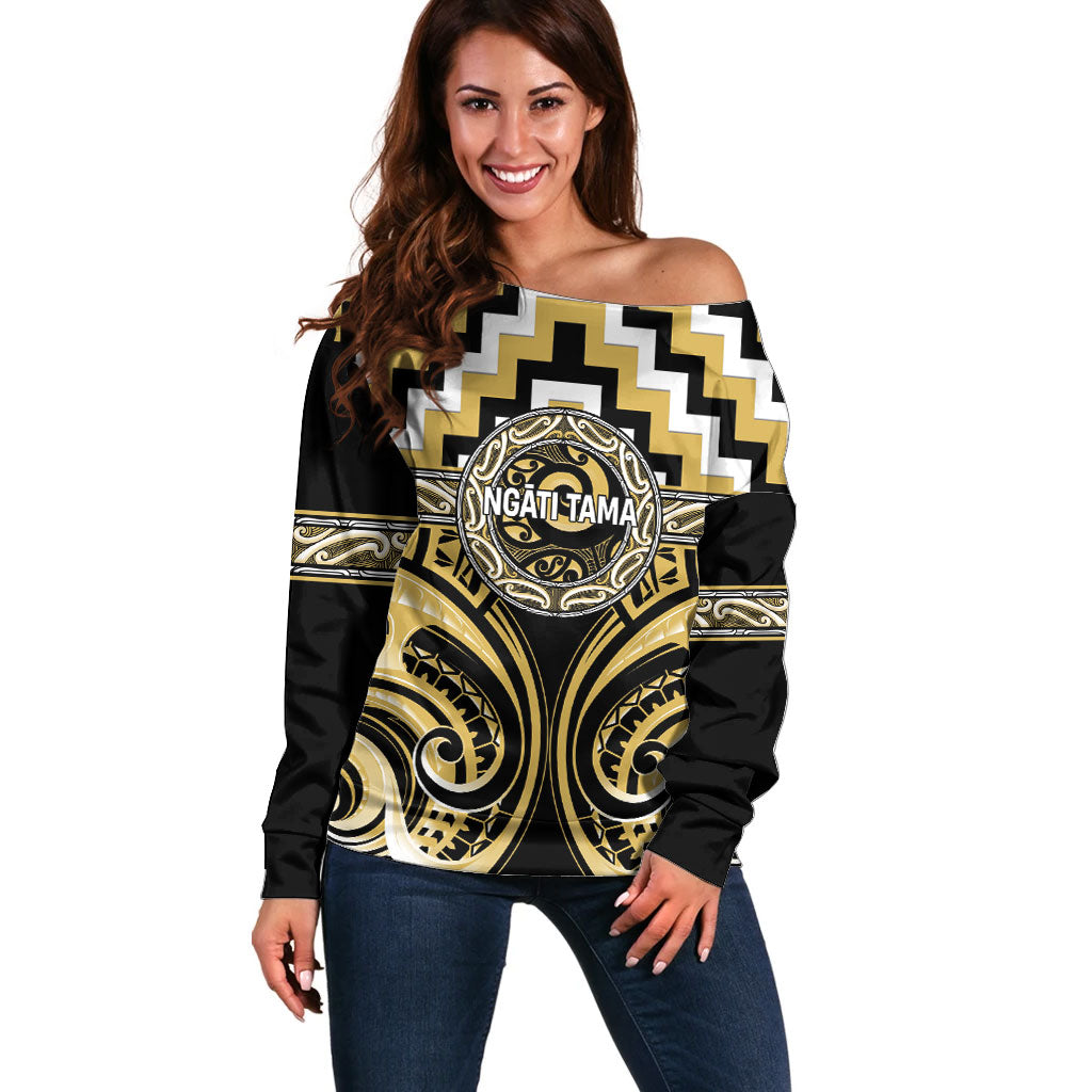 Aotearoa Ngati Tama Personalised Off Shoulder Sweater Maori Iwi Poutama Puhoro Tattoo LT14 Women Yellow - Polynesian Pride