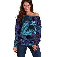 Nukuoro Atoll Off Shoulder Sweater Polynesian Shark Tattoo Purple Gradient Vibes LT14 Women Purple - Polynesian Pride